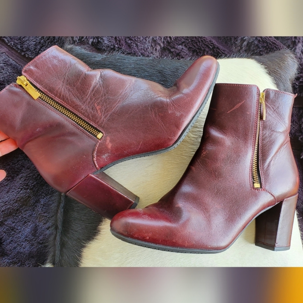 Carvella Burgundy Leather Ankle Block Heel Zip Side Boots Sz 7